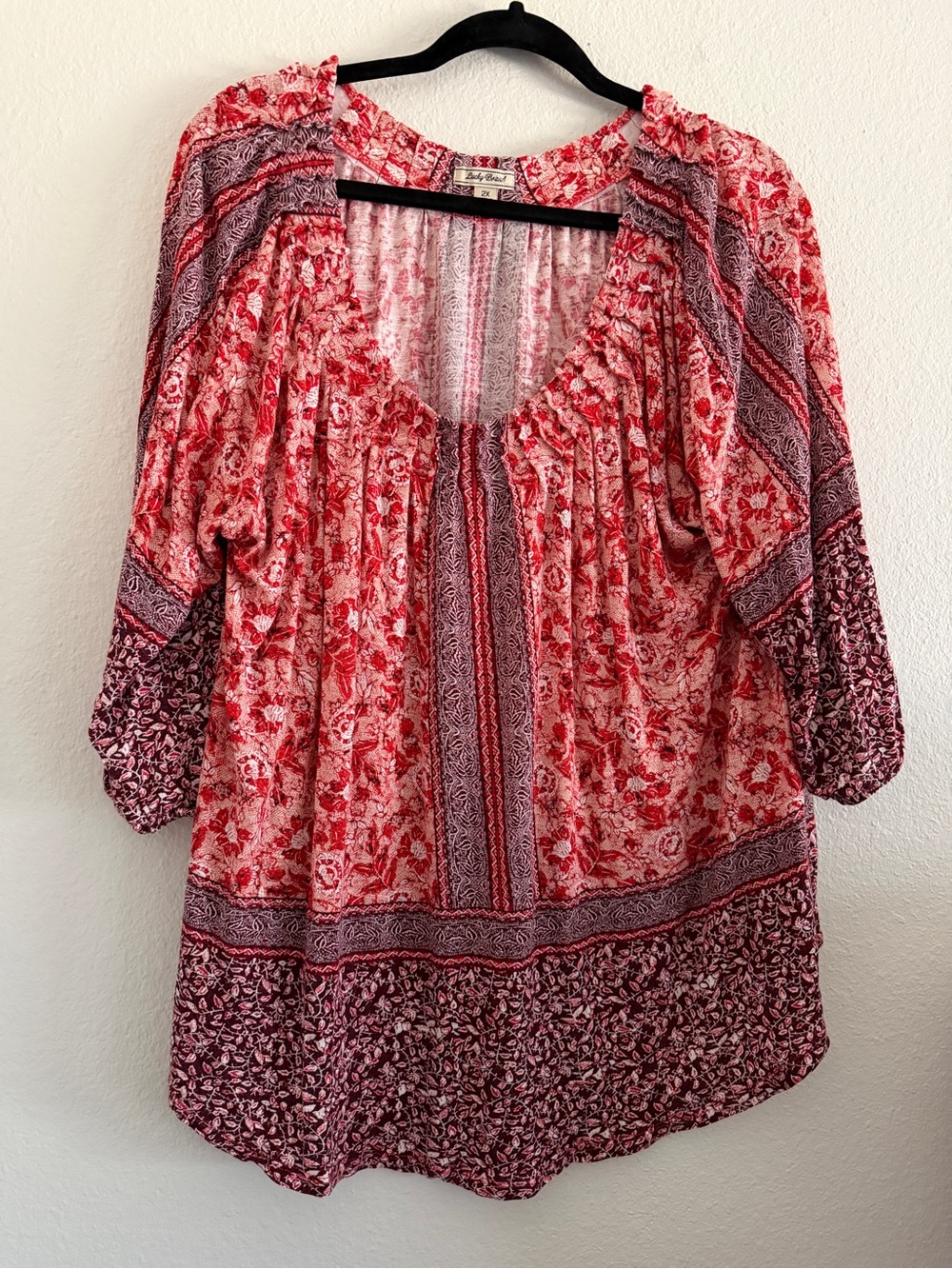 Lucky Brand Blouse Women's Size 2X Red Floral Boho